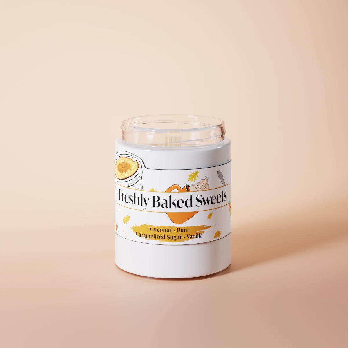 Jar of freshly baked sweets candle on an orange background