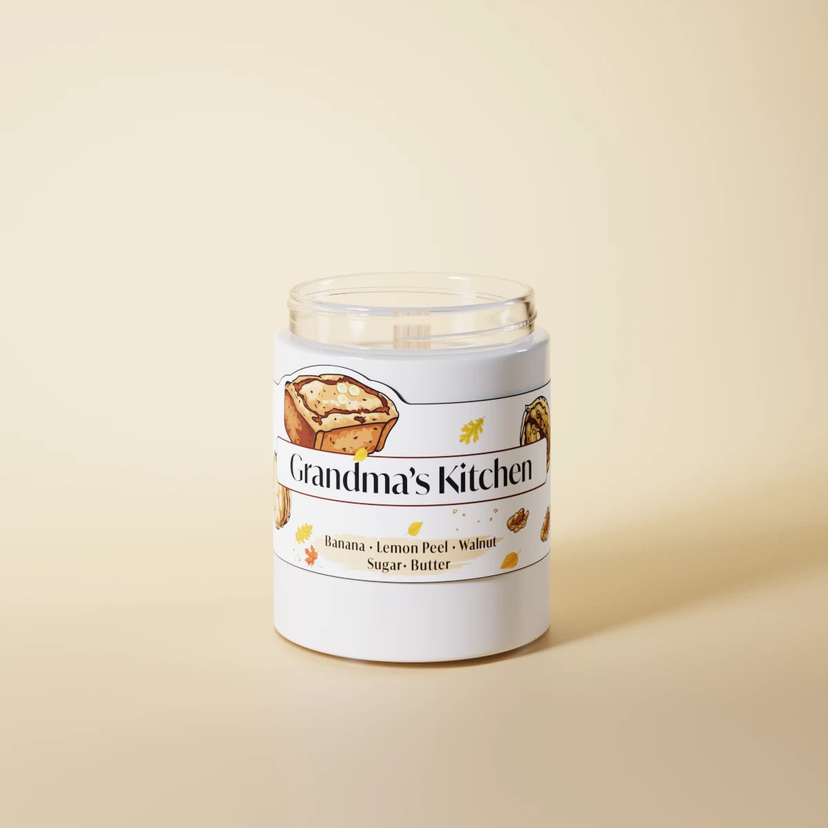 Jar of grandma's kitchen candle on a yellow background