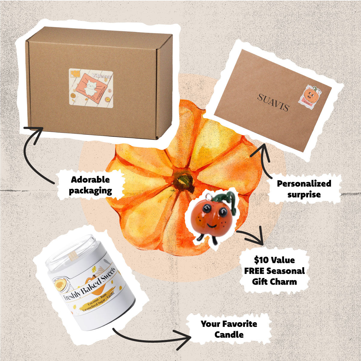 Promotional graphic of a candle, box, free charm, surprise gift, and text highlighting what's in the package.