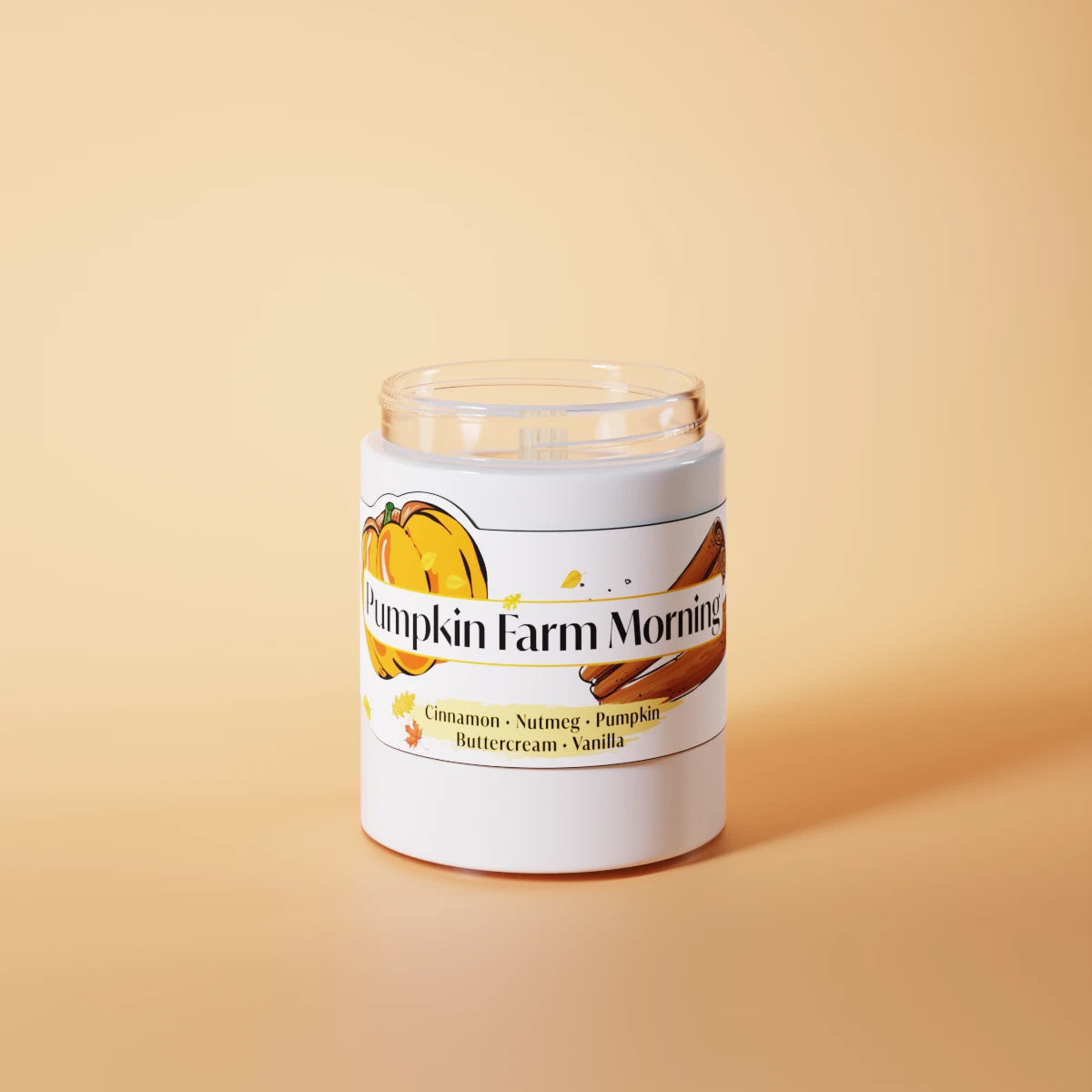Jar of pumpkin farm morning candle on an orange background