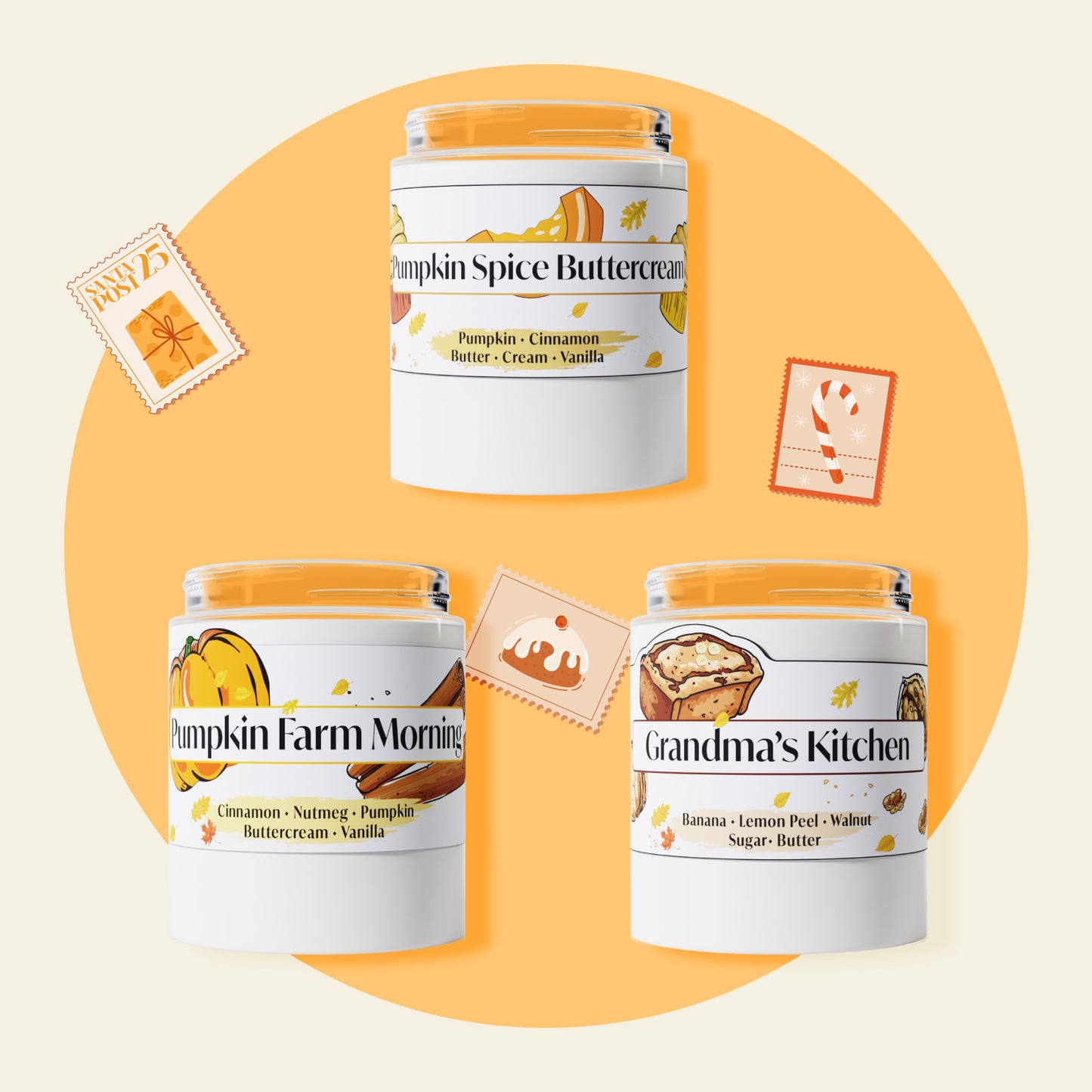 Three fall-themed candles on an orange background