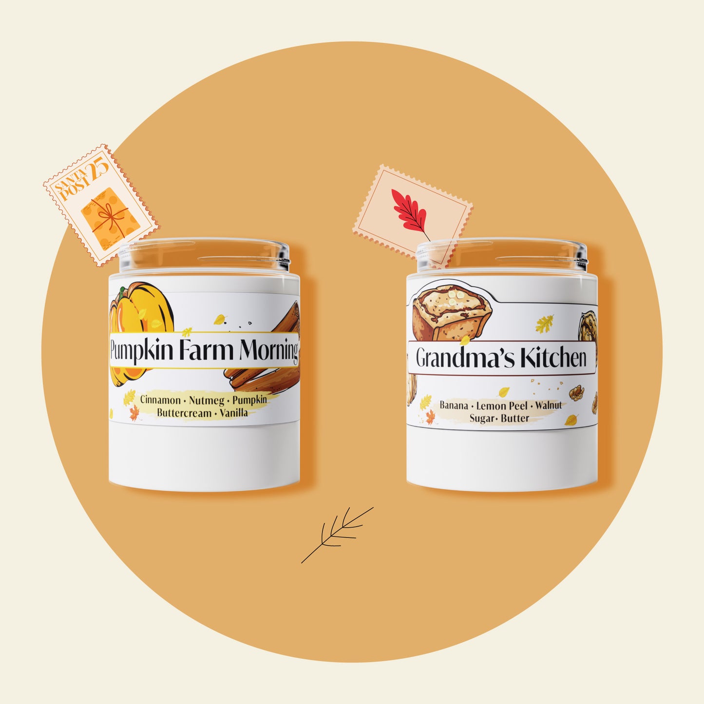 Two candles with labels 'Pumpkin Farm Morning' and 'Grandma's Kitchen' on an orange background.