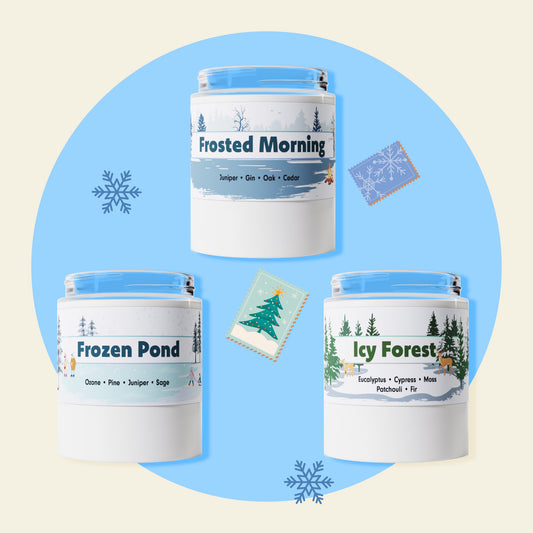 Three candles with labels 'Frosted Morning', 'Frozen Pond', and 'Icy Forest' on a light blue background.