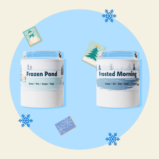 Two candles labeled 'Frozen Pond' and 'Frosted Morning' with winter-themed decorations on a light blue background.