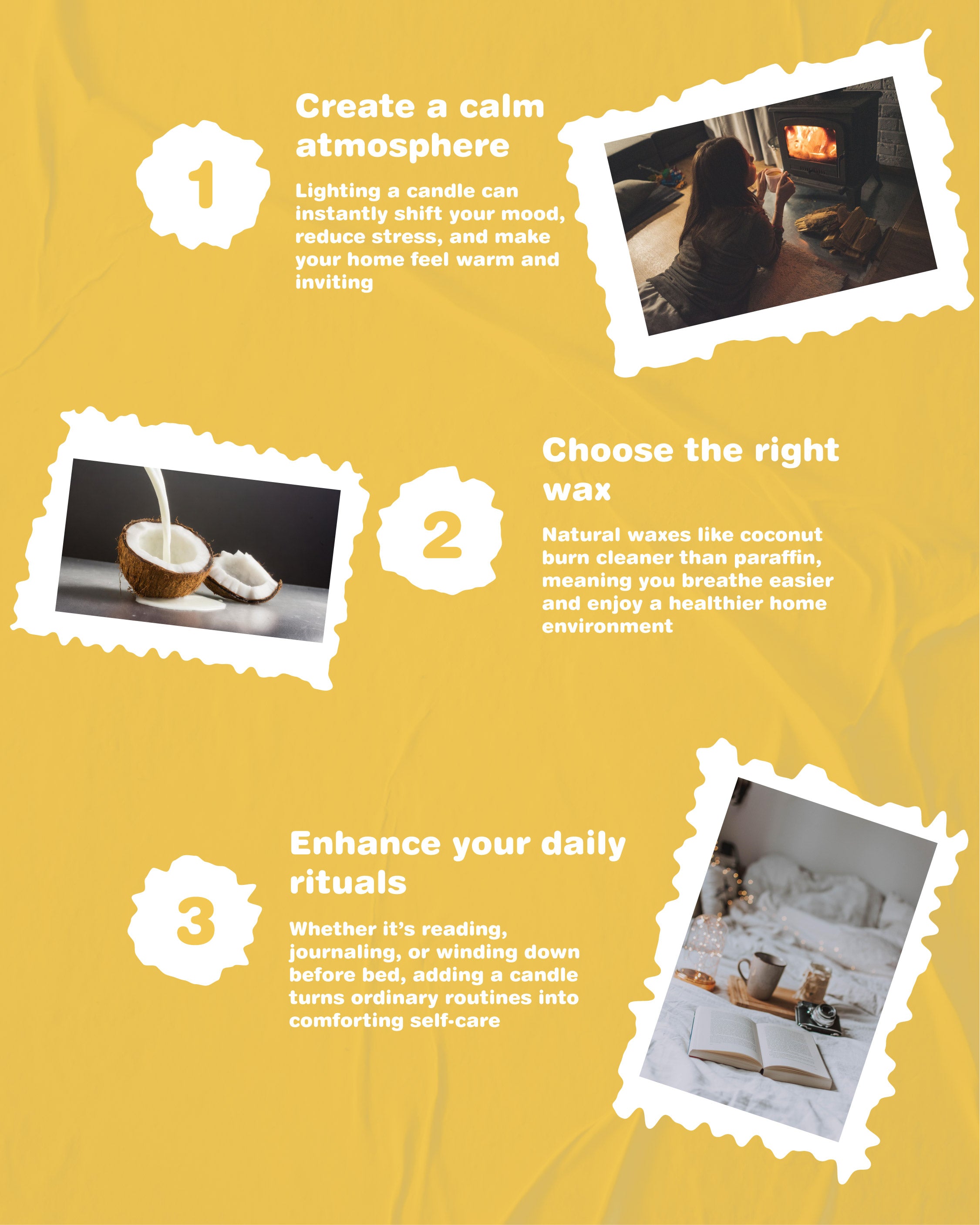 Yellow background with text and images about creating a calm atmosphere with candles