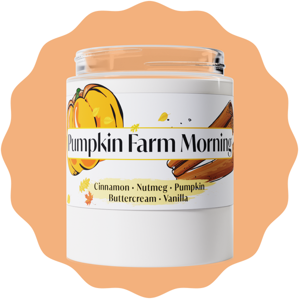 Jar of Pumpkin Farm Morning candle on a peach color background