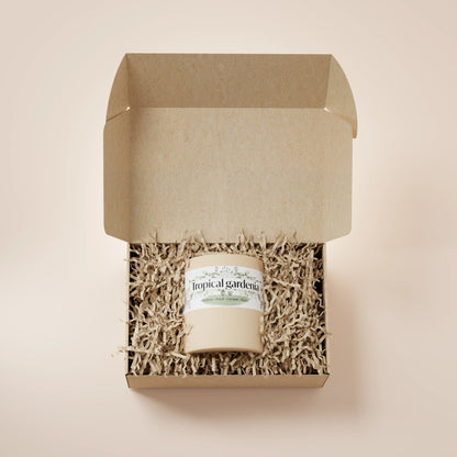 Cream Ceramic 12oz Tropical Gardenia Scented Candle in a box with crinkle paper.