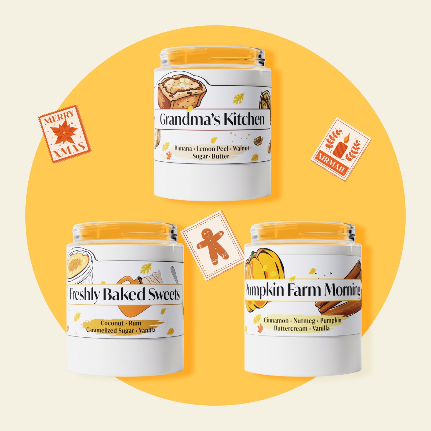 Three jars of scented candles on a yellow background with decorative elements.
