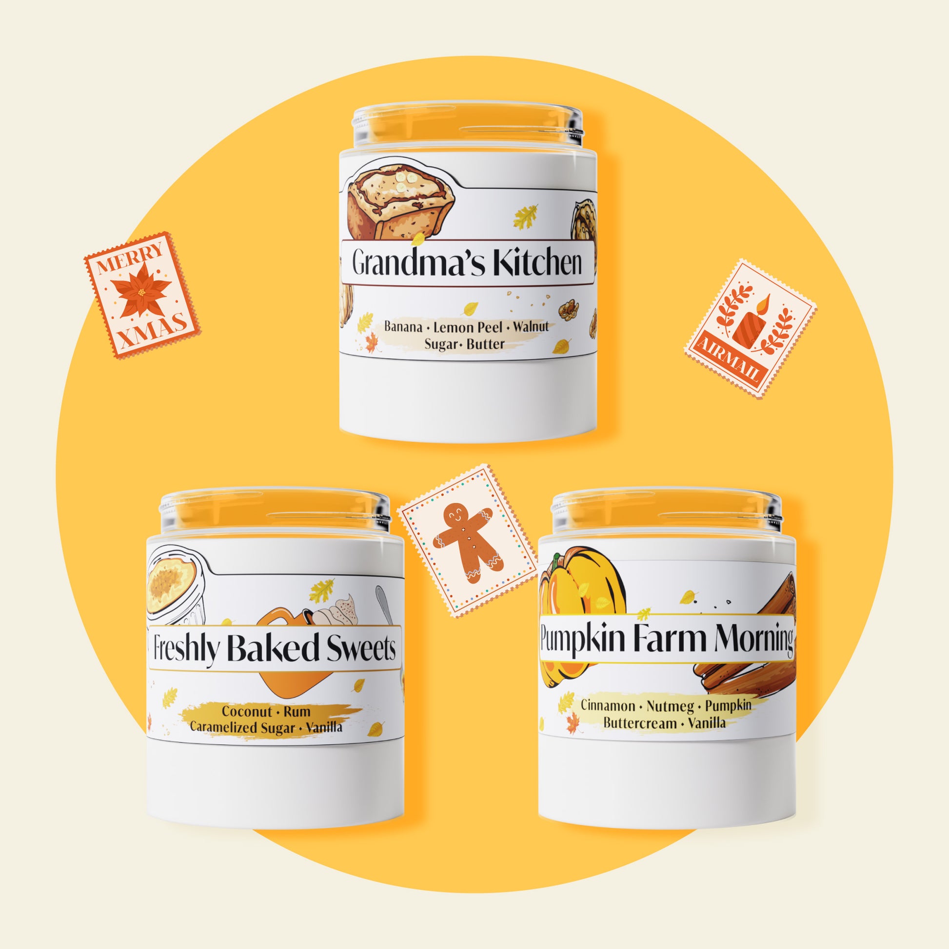 Three jars of scented candles on a yellow background with decorative elements.