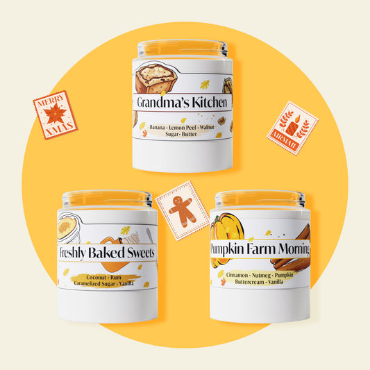 Three jars of scented candles on a yellow background with decorative elements.