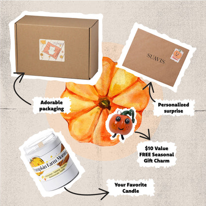 Promotional graphic of a candle, box, free charm, surprise gift, and text highlighting what's in the package.